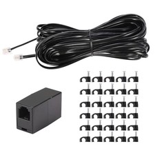 50 FT Black Telephone Extension Cord, RJ11 Plug, 1 Coupler, 15 Cable Clips