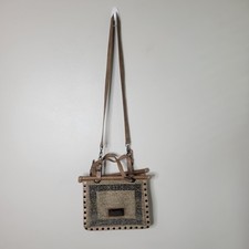 Isabella Fiore Biege Leather Embroidered Tapestry Bag With Crossbody Strap