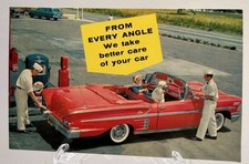 Vintage Postcard Chevron Gas Station Service 1950s Era Red Convertible