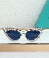 Tiffany  Co. TF3106BK Silver Cat Eye Sunglasses 52-18-138 Blue Lens Floral