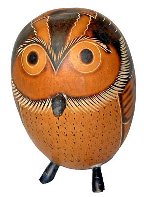 Peruvian Folk Art OWL Handpainted Hand Carved Calabash Gourd Bird Figure Statue