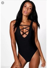 NWT Boohoo Women Size 4 Italy Criss Crosss Feont Swingsuit One Piece