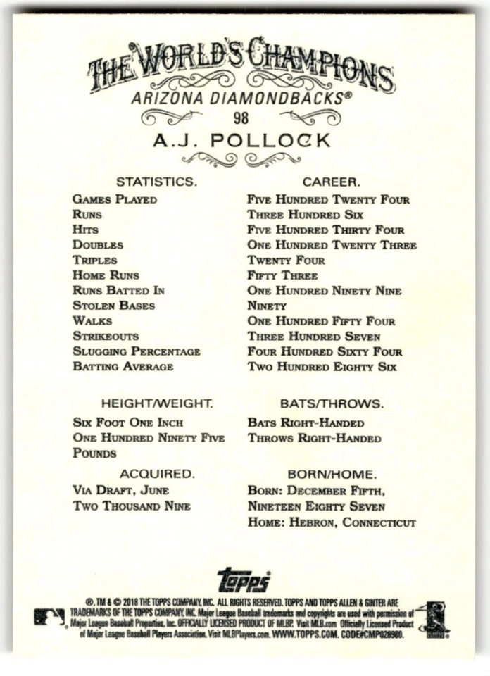 2018 Topps Allen & Ginter A.J. Pollock #98 Arizona Diamondbacks - Image 2 of 2