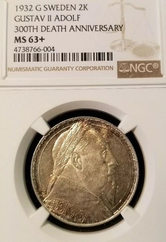 1932 SWEDEN SILVER 2 KRONOR GUSTAV II DEATH ANNIV NGC MS 63+ HIGH GRADE BEAUTY