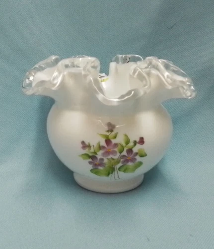 Vintage Fenton Silvercrest Milk Glass Vase Hand Painted Violets
