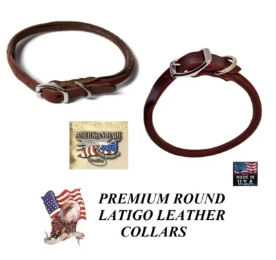 USA MADE Premium LATIGO LEATHER ROLLED DOG COLLAR BROWN&NICKEL Round Heavy Duty