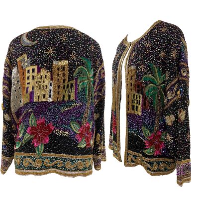 Vtg Vintage 1980s 80s Glam Sequin Arabian Desert Night Scene Black