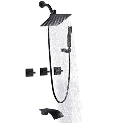3 Handles Tub Shower Faucet,Bathtub Shower Matte Black 2 in 1 Shower-Square