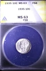 1935  MERCURY DIME 10C ,ANACS MS 63 , FSB