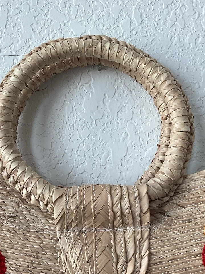 Cartera hecha a mano con mango redondo de paja con corazón bordado colorido ❤️ Diseño nueva con etiquetas Foto 3 de 4