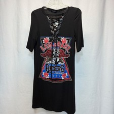 PrettyLittleThing T-Shirt Dress Women S/M Black Lace Up Graphic Racer Skull NEW