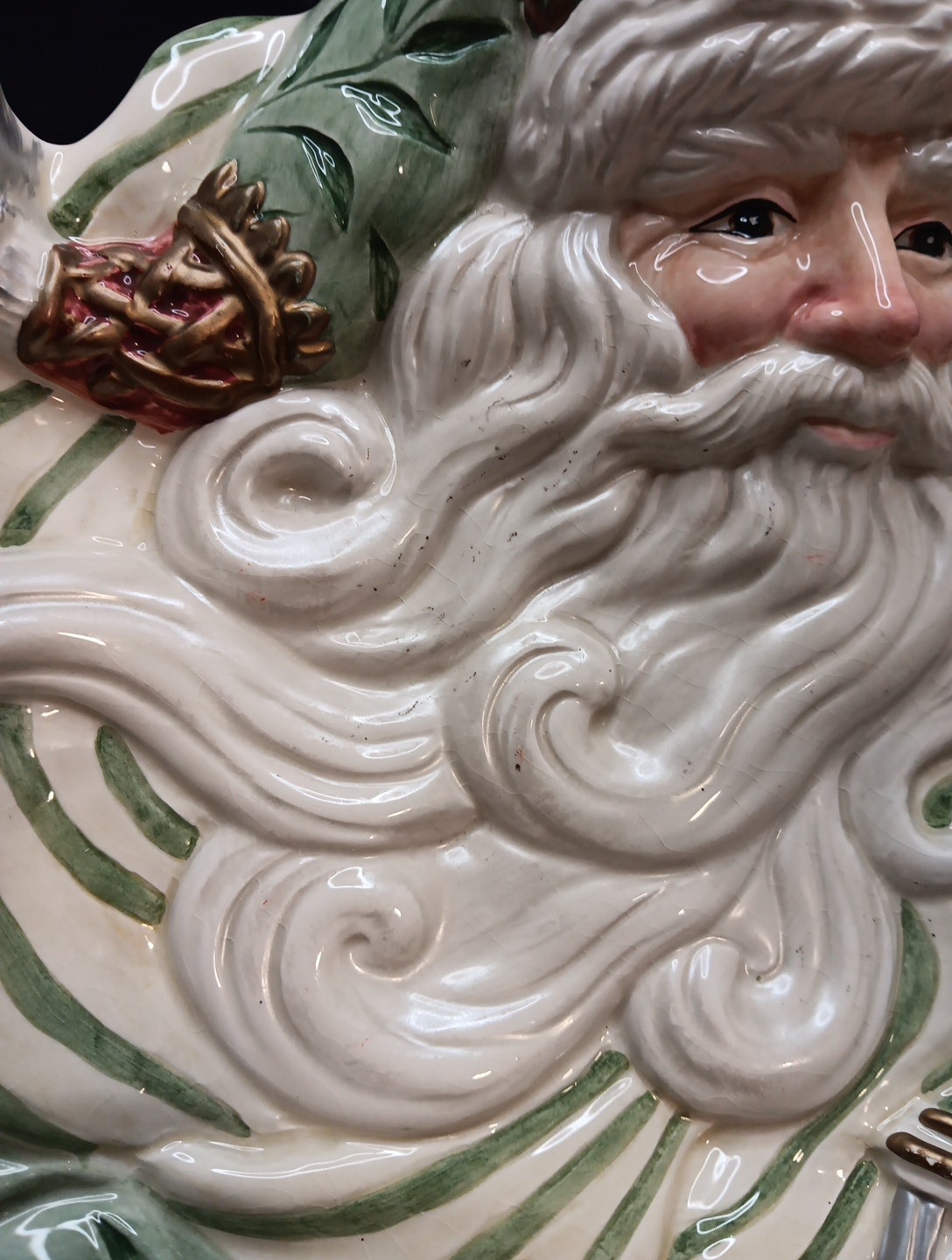 Fritz and Floyd Gregorian Green Santa W/Lantern Caape Plate. Some Ware/Crazing.