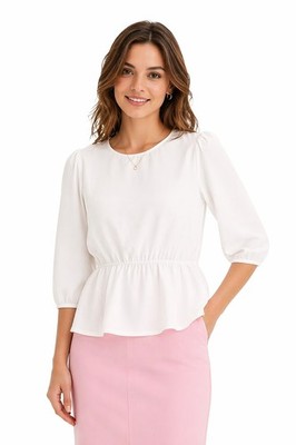 Damen Bluse Sommer 3/4 Arm Rundhals Baumwolle Schößchen Top NEU