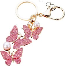 Butterfly Gold Tone Black Pink Bag Charm Keychain for Purse Handbag Women Gift