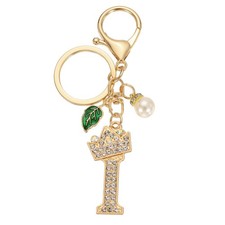 Bling Crown Initial Letter Keychain for Women Letter A-Z Key Chain Gold-I