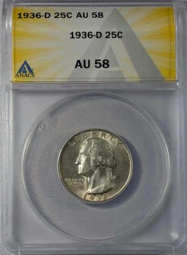 1936 D Quarter Dollars Silver Coinage ANACS AU-58