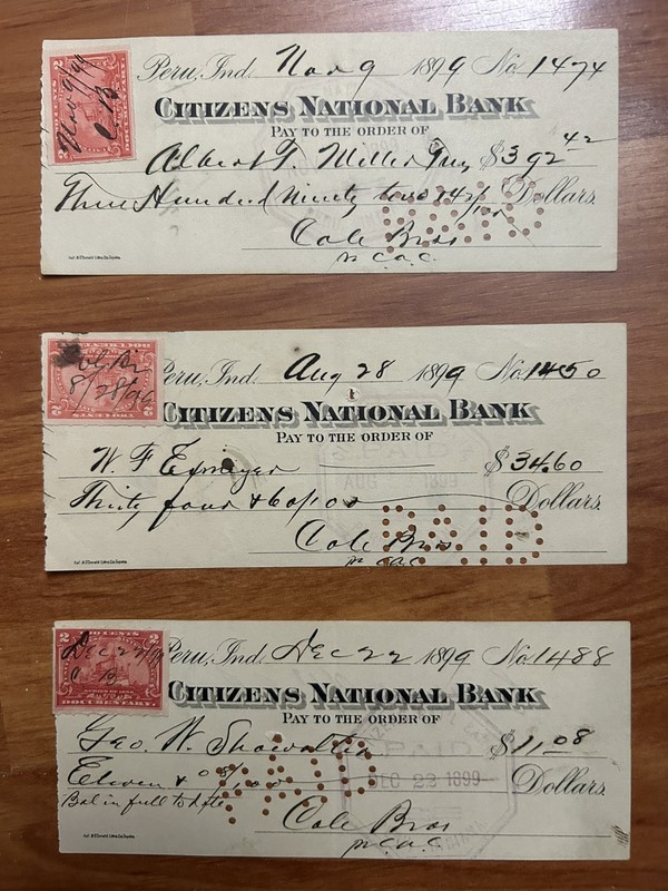 United States 1899 Three Old " Citizens National Bank ". Peru, Indiana Bank Chec
