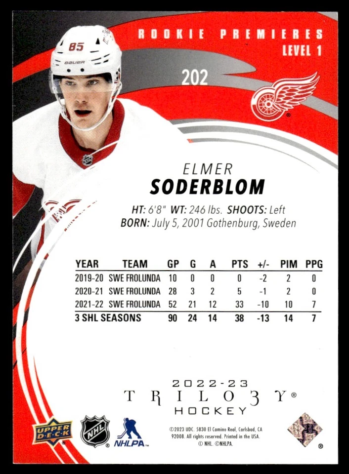 2022-23 Upper Deck Trilogy Rookie Premieres Red Elmer Soderblom RC /49 #202 - Image 2 of 2