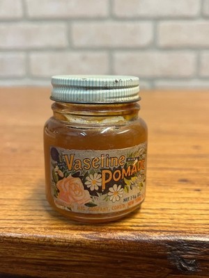 Vintage Vaseline Pomade Hair Dressing Glass Jar Blue Seal Advertising Chesebroug