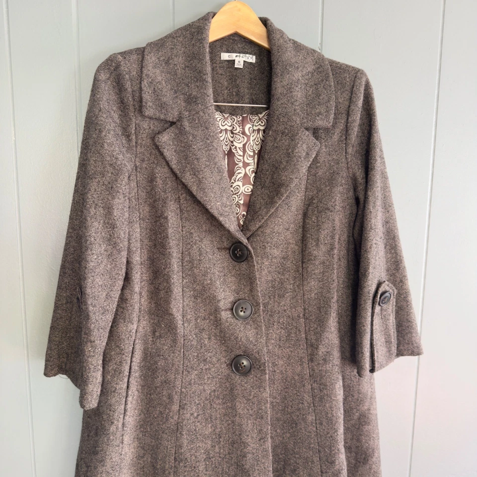 Abrigo Cabi Mezcla Lana Mujer 6 Marrón Tweed Manga 3/4 Años 2000 Academia Botón Delantero Foto 2 de 4