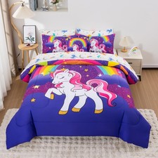 Unicorn Full Bedding Sets for Girls Kids Teens, 8 Piece Bed in a Bag Purple R...