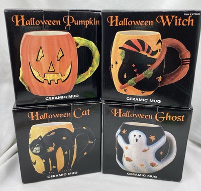 4 Susan Winget Ceramic 22oz. Coffee Mugs Halloween Cat Witch Ghost Pumpkin NEW!