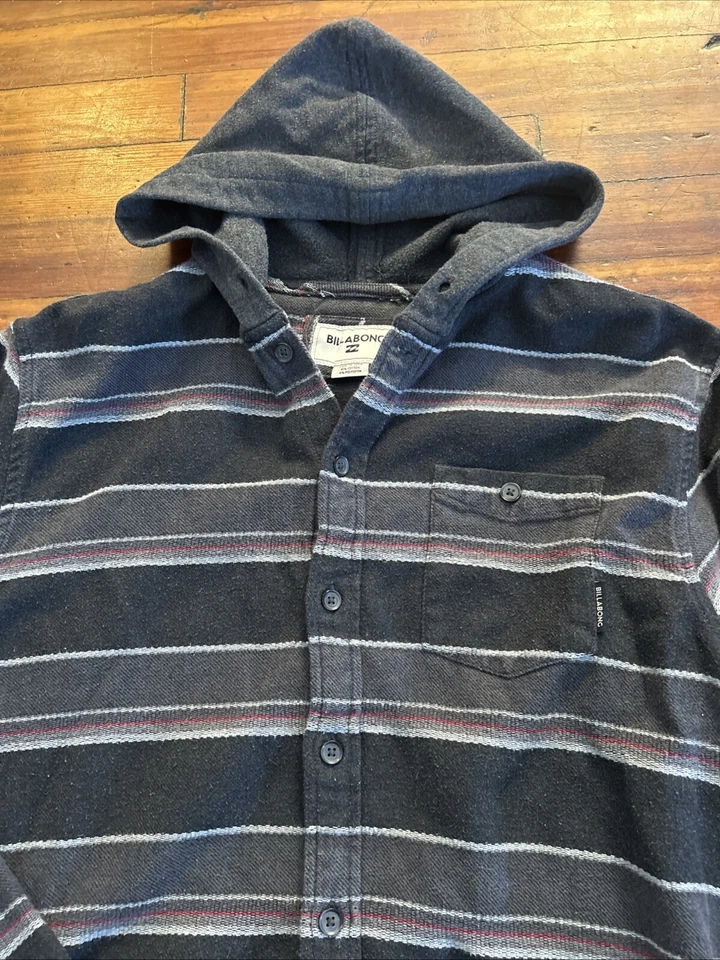 Bellabong Y2K Down western striped button-down long sleeve hoodie Large Blk Gry - Image 2 of 4