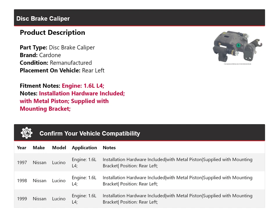 Pinza de freno de disco trasera izquierda cardone 1998 para Nissan Lucino 1997-1999 1,6 L L4 Foto 2 de 4
