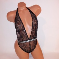 Victoria Secret Lingerie Teddy One Piece Bodysuit Small Black Lace Shine Strap