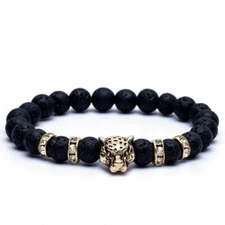 8mm Men Bracelet Natural Stone Lava Beads Strand Leopard Pendant Panther Head Ch