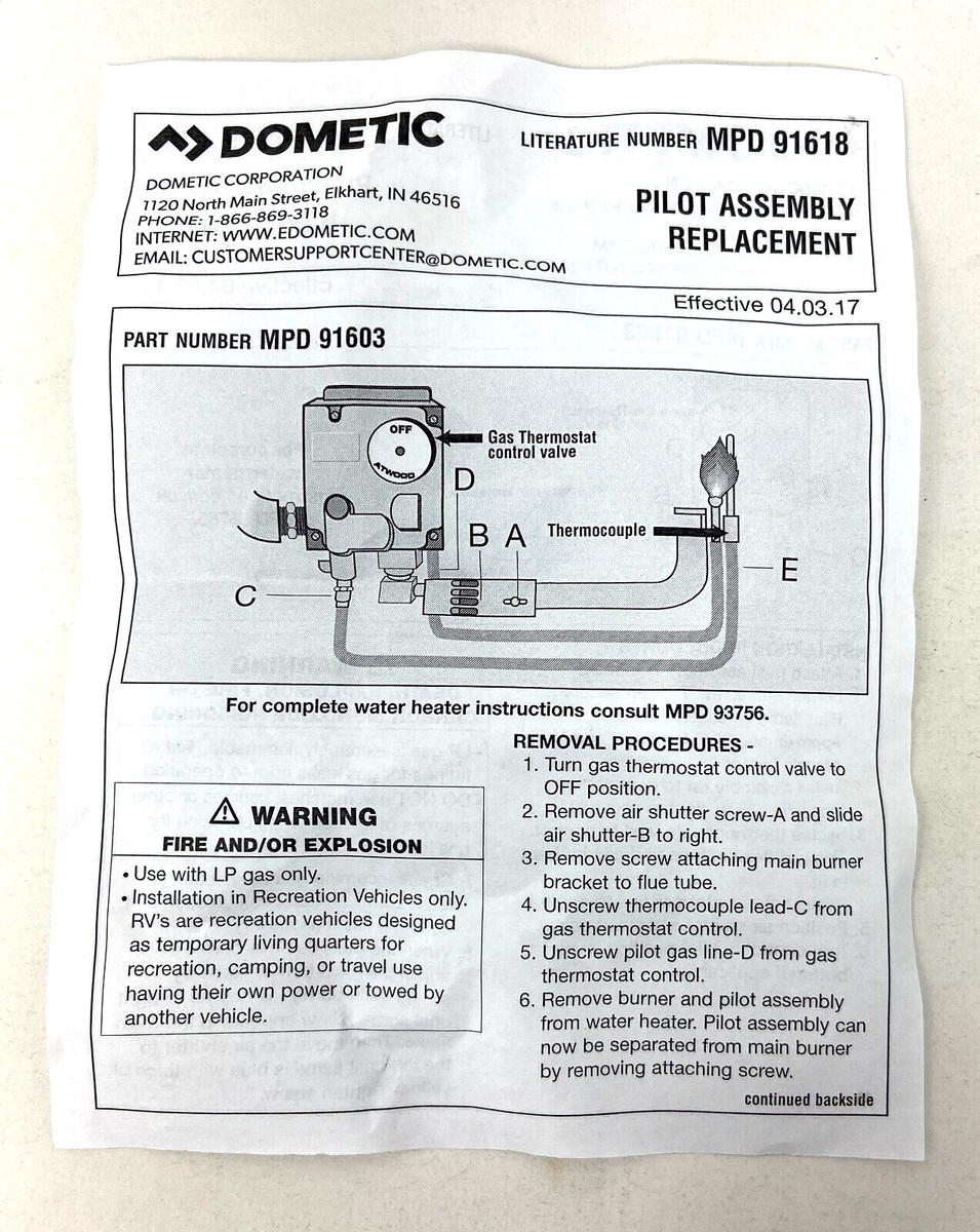 RV/Camper OEM Dometic/Atwood Water Heater Pilot Assembly u0026amp; Thermocouple  #91603 | eBay