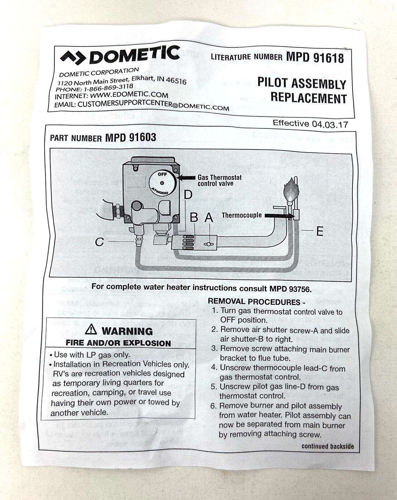 RV/Camper OEM Dometic/Atwood Water Heater Pilot Assembly u0026 Thermocouple  #91603 | eBay