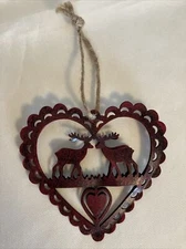 Christmas Tree Elk Reindeer Ornament, Red Metal Heart Cabin Decor Country