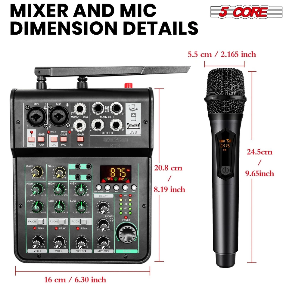 5 Core Audio Mixer Sound Board 4 Channel XLR Stereo Receiver w Bluetooth USB ... - Image 2 of 4