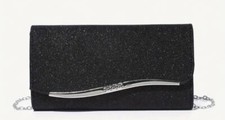 NEW WOMEN'S BLACK EVENING GLITTER CLUTCH PURSE WITH REMOVABLE SHOULDER CHAIN