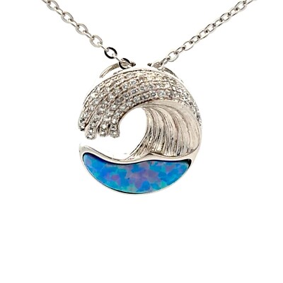 Sterling Silber erstellt Opal und CZ Welle Halskette (3/4 x 3/4 Zoll) - Kette 18+1 Zoll