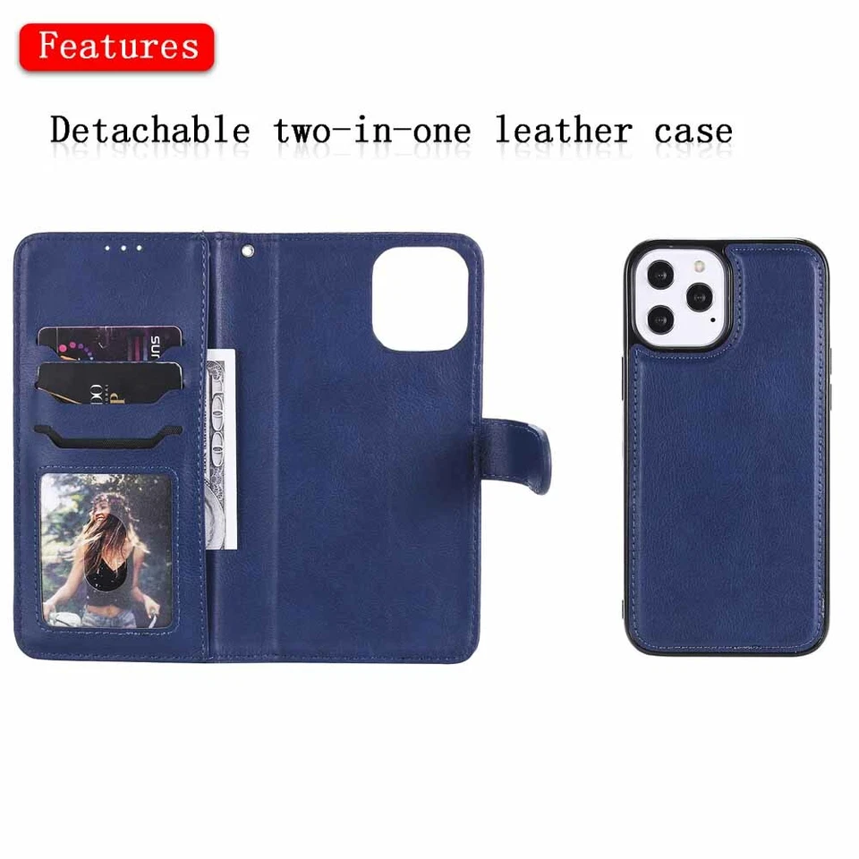 For iPhone 12 11 Pro Max XR SE 8 6s Magnetic Removable Leather Wallet Case Cover - Image 4 of 4