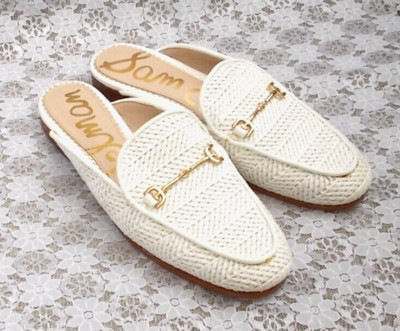 SAM EDELMAN MULES ''LINNIE'' White Weave Slip On, Gold Tone Bit Trim Women's 6 NEW
