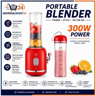 Portable Blender 300W   Smoothie Mixer To-Go mit Trinkflasche Standmixer