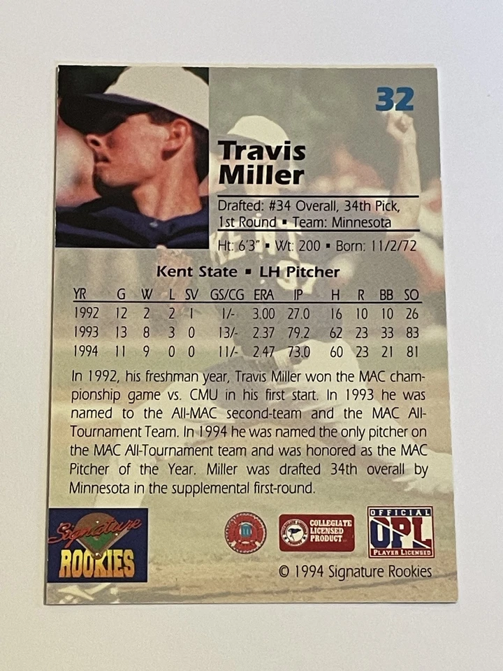 1994 Signature Rookies Draft Baseball Auto #/7750 - Travis Miller - Twins - Image 2 of 2