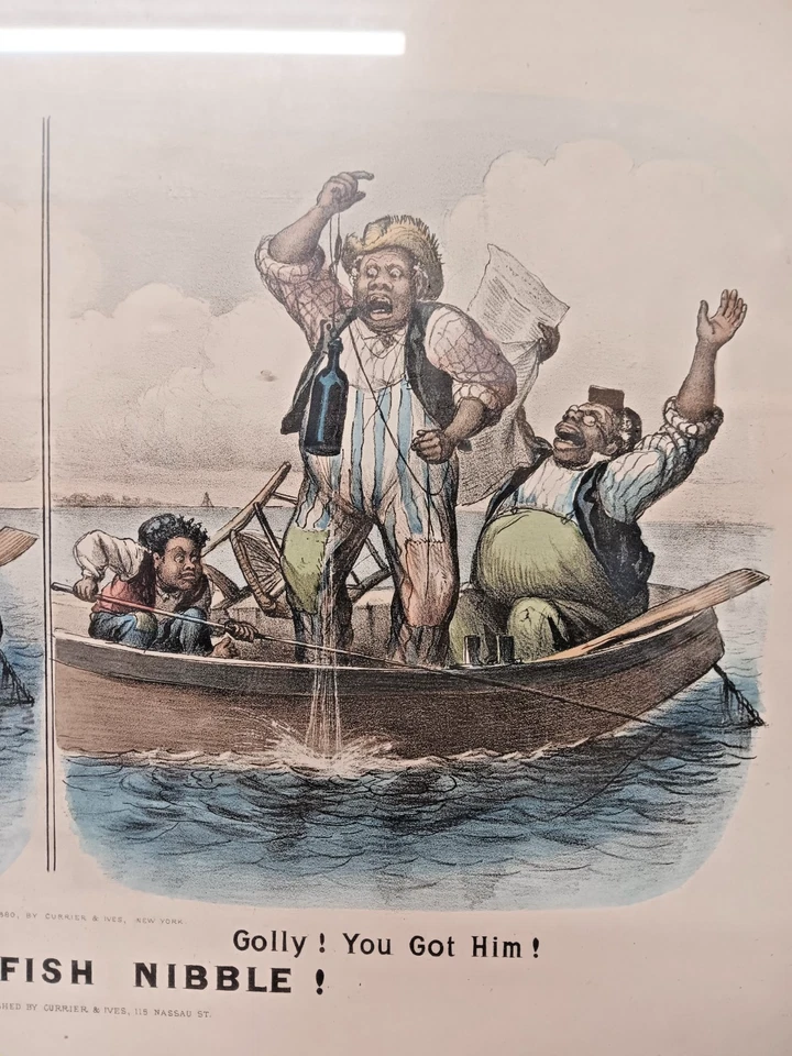 LITOGRAFÍA ORIGINAL 1880 CURRIER AND IVES A BLACKFISH NIBBLE FISHING BLACK AMERICANA Foto 3 de 4