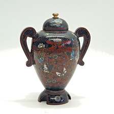 Antique Japanese Cloisonne Twin-Handled Vase Butterfly & Floral Design With Lid