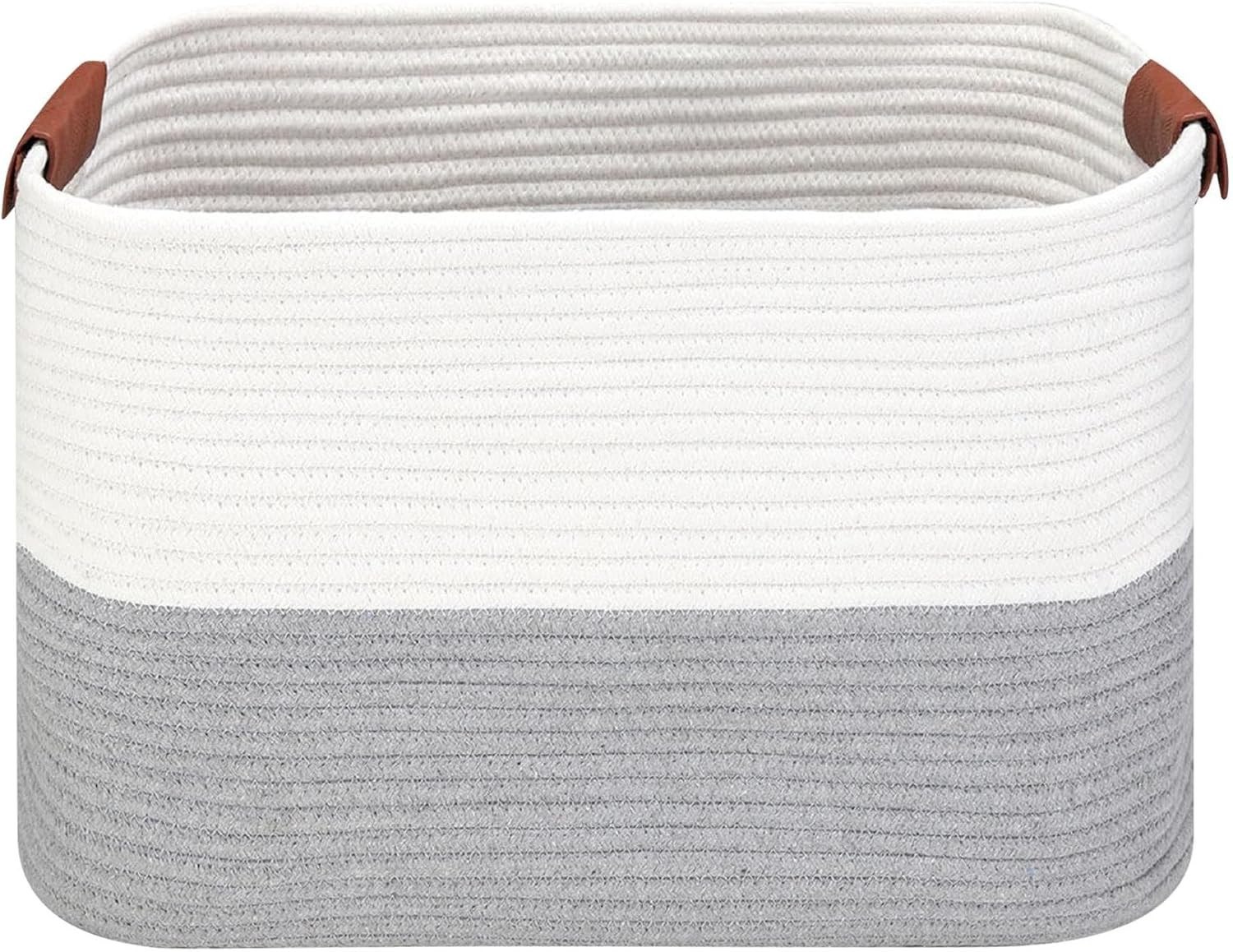 20x14x12 inch Large Gray Cotton Rope Storage Basket with Leather Handles Hamper