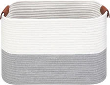 20x14x12 inch Large Gray Cotton Rope Storage Basket with Leather Handles Hamper