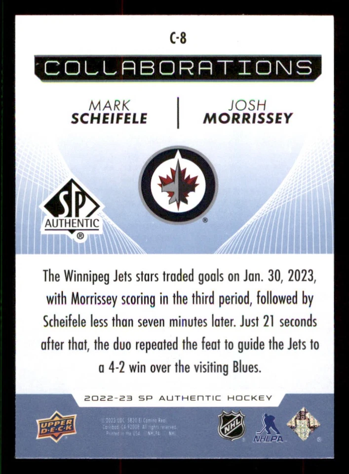 2022-23 SP Authentic Collaborations Blue #C8 Mark Scheifele/Josh Morrissey - Image 2 of 2