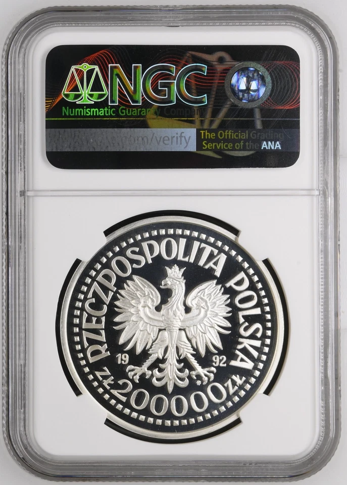 1992 Poland 200000zl Discovery of America Proof Silver Coin - NGC PF69 -F106 - Image 2 of 2