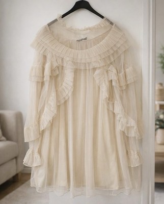 ZARA Vanille fließendes transparentes Plissee Rüschen Tüll Oversize Kleid Gr. S