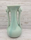 McCoy Pottery Art Deco Vase Aqua Blue Two Leaf Topped Handles 1940's USA 9" VTG