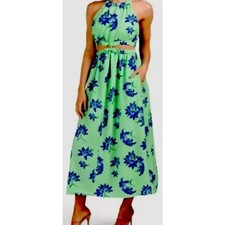 New Likely Sz 0 Karrica Maxi Shift Dress Green Floral Halter Cut Out Sleeveless