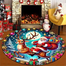 Santa Claus and Reindeer Patterned circular area Mat,Christmas decoration,easy t